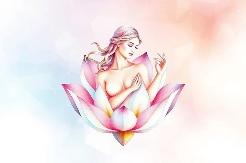 Delicada pintura acuarela del símbolo de Venus entrelazado con una flor de loto, colores pastel y luz brillante.