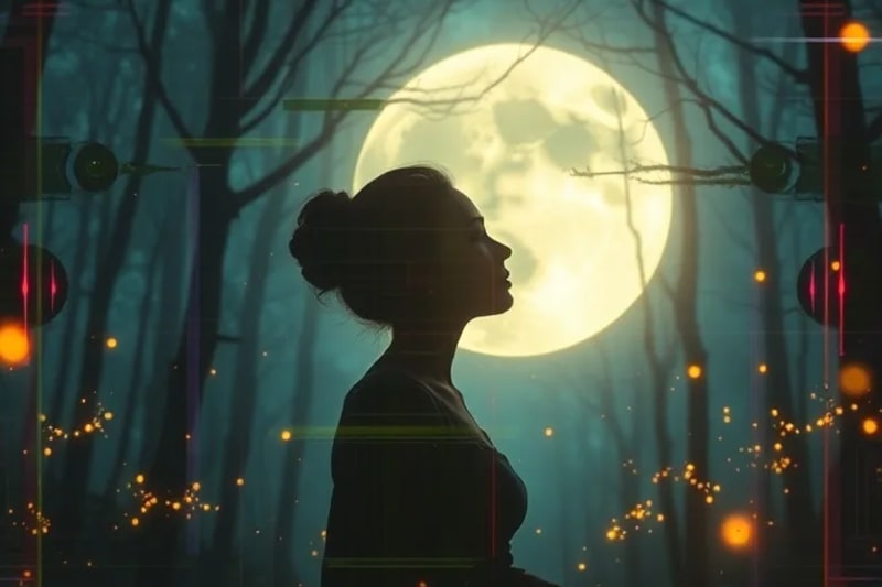 Lunar Meditation for Inner Peace Serene woman meditating under a full moon in a tranquil forest, surrounded by soft light and fireflies, embodying deep inner peace.
