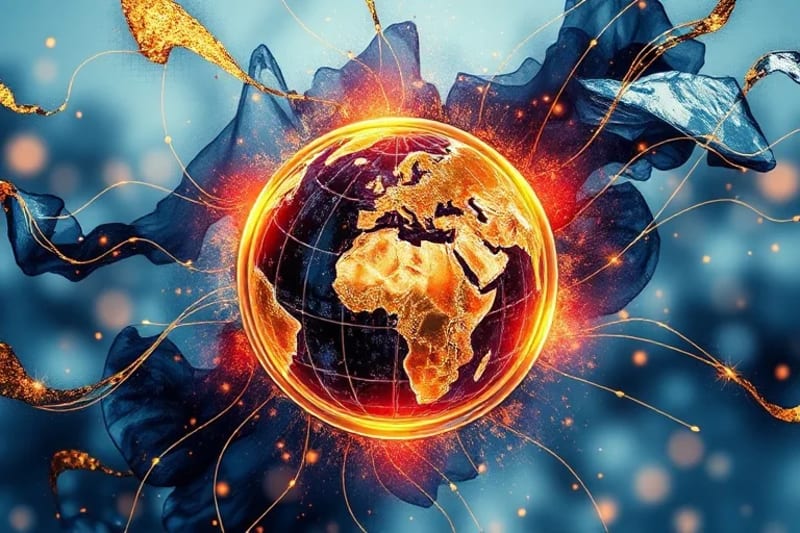 Engranajes digitales y un globo terráqueo interconectados