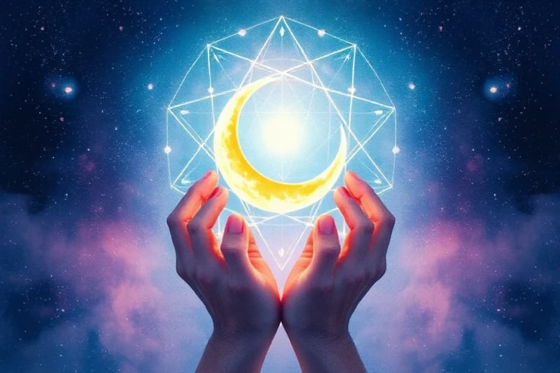 Crescent Moon: New Beginnings Watercolor painting of gentle hands holding a glowing crescent moon, symbolizing new beginnings and delicate growth.