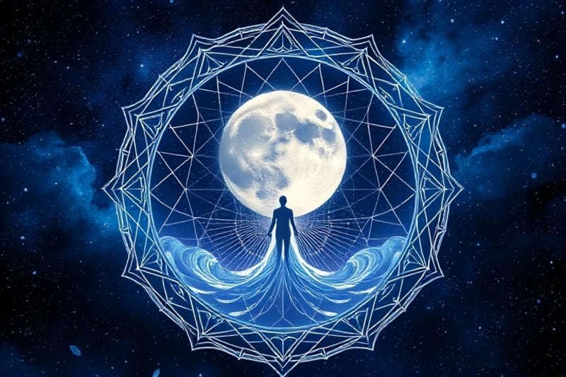 Lunar Energy for Emotional Balance Digital art illustrating energy lines flowing from a stylized moon to a human figure, surrounded by symbols of emotional balance and release, in calming blues and purples.