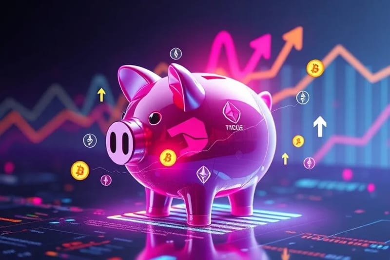 Ilustración de una alcancía digital transformándose en una cartera de criptomonedas con símbolos de Bitcoin y Ethereum, rodeada de flechas de crecimiento.