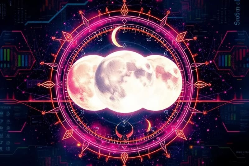 Watercolor painting of stylized lunar phases in a circle, surrounded by delicate glowing energy lines and symbols of intention.