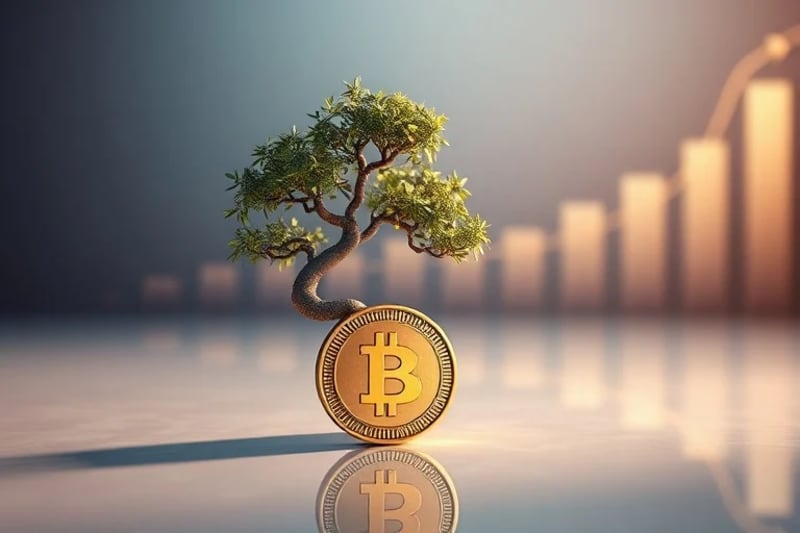 Render 3D de un bonsái creciendo de una moneda digital estilizada, con gráficos financieros ascendentes y luz suave de fondo, simbolizando crecimiento a largo plazo y paciencia.