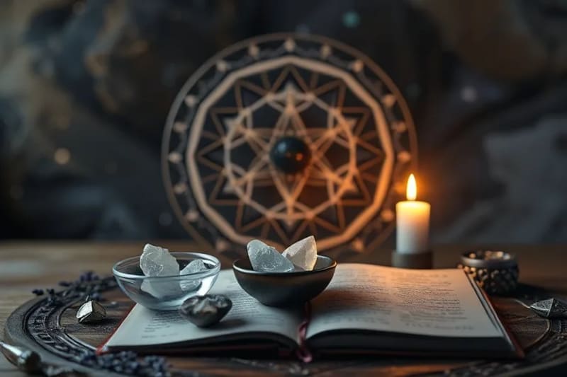 3D render of a mystical altar with glowing crystals, dried herbs, a journal, and a flickering candle, suggesting a sacred space.