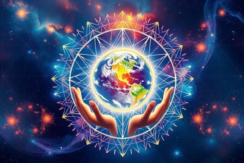 Pintura de acuarela de la Tierra como un orbe brillante, sostenida por manos que emiten luz curativa.