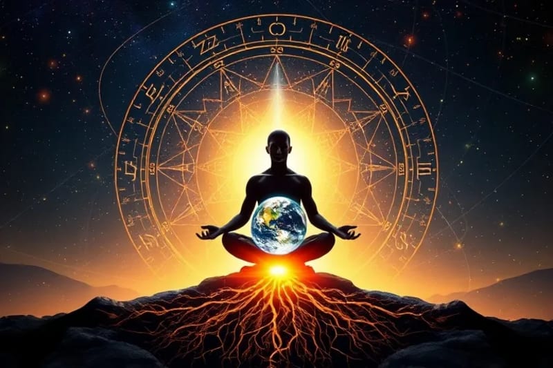 Silueta humana en meditación con raíces en la Tierra y rayos de luz hacia las estrellas.