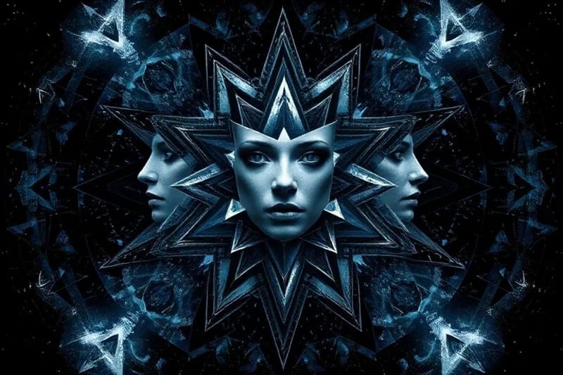 Abstract digital painting of fractured mirror reflecting powerful feminine figures