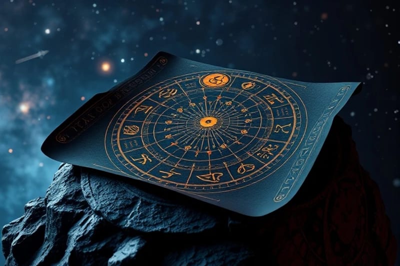 Stylized ancient scroll with glowing astrological glyphs and symbols on obsidian pedestal