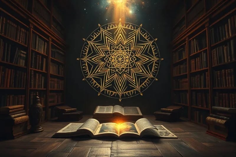 Antiguos textos esotéricos y cartas de tarot en una mesa, iluminados por un rayo de luz que simboliza la integración de lo consciente e inconsciente.