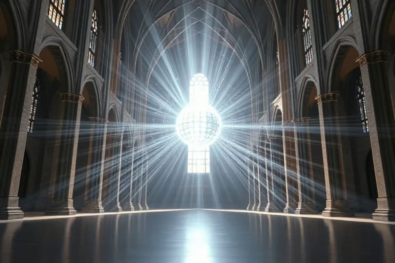 Templo futurista con esferas de luz y redes neuronales