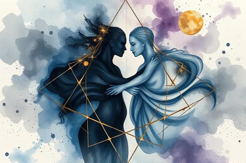 Dos figuras abstractas, una oscura y otra translúcida, entrelazadas, simbolizando la lucha interna con la sombra en una relación.