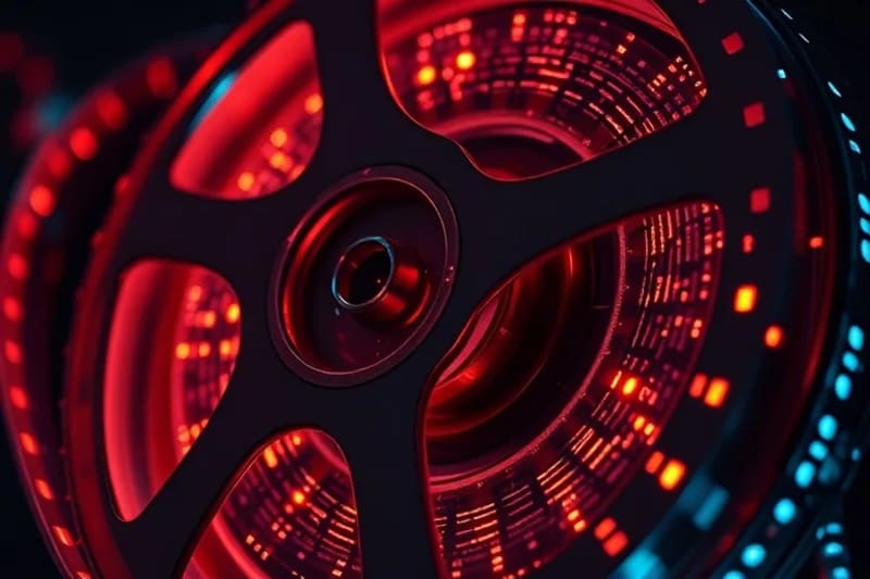 Representación artística de carretes de película vintage entrelazados con patrones de circuitos electrónicos, simbolizando la fusión de arte y ciencia en la vida de una figura icónica.