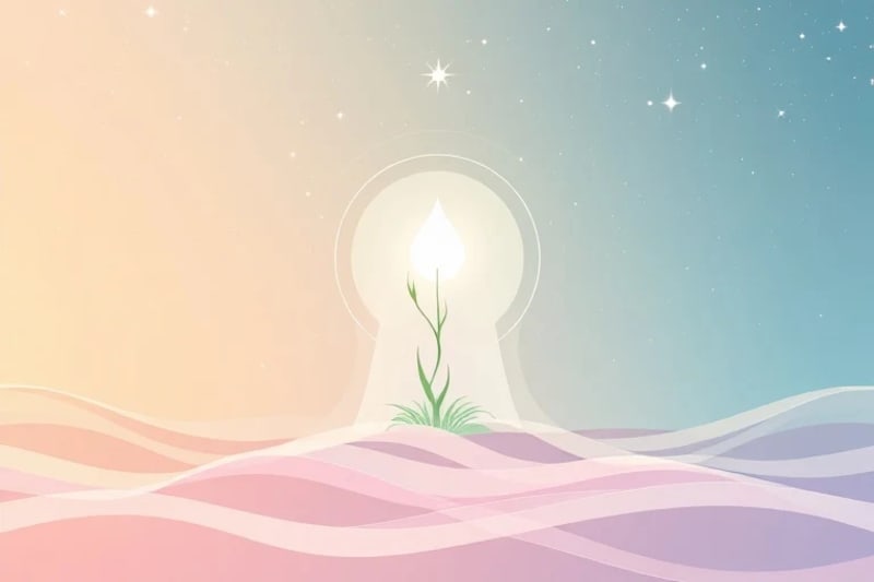 Digital art of abstract harmonious sound waves and light frequencies forming patterns around a glowing plant sprout, symbolizing regeneration