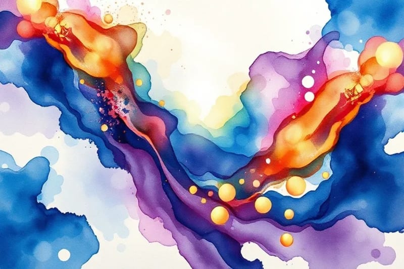 Composición abstracta de formas fluidas y colores vibrantes (azules, púrpuras, dorados) que se entrelazan, con formas geométricas sutiles emergiendo, simbolizando el orden oculto y la guía divina.