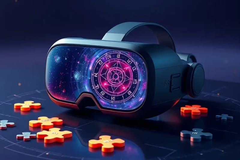 VR headset con reflejos cósmicos y fragmentos digitales