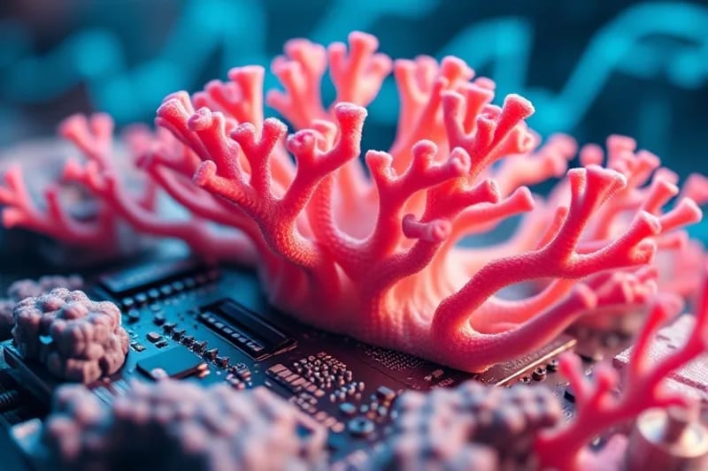 Conceptual AI robot assisting in coral reef restoration
