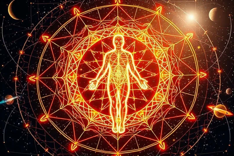 3D render of a human silhouette within a glowing network of planetary aspects, symbolizing cosmic influence on the energy body.
