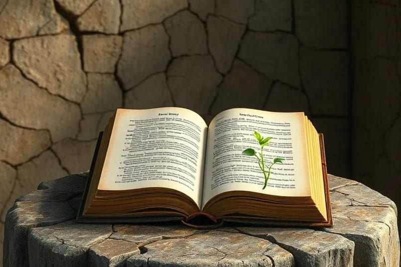 Tierra agrietada fusionándose con páginas de un libro antiguo, con un brote verde emergiendo. Simboliza la esperanza y la renovación en medio de la desolación ambiental.