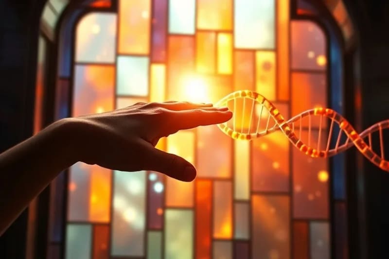 Una mano humana digitalmente pintada extendiéndose hacia una hebra de ADN abstracta, parcialmente bloqueada por una barrera translúcida.