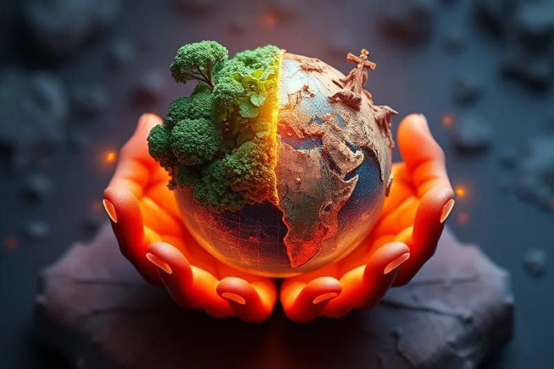 Representación abstracta de un globo terráqueo, con una mitad exuberante y otra árida. Manos etéreas lo sostienen, simbolizando la dualidad de la destrucción y la esperanza de la restauración.