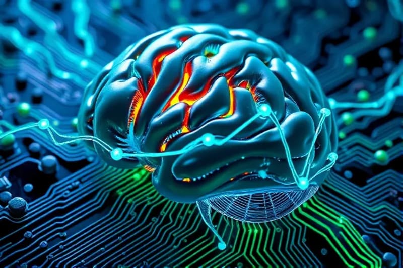 Representación 3D de vías neuronales y circuitos integrados en un cerebro humano estilizado, con nanobots fluyendo a través de ellos.