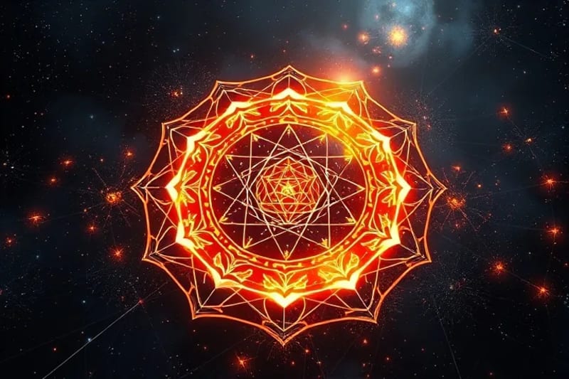 Herramientas geománticas antiguas con proyecciones holográficas de partículas cuánticas, fusionando tradición y futuro.