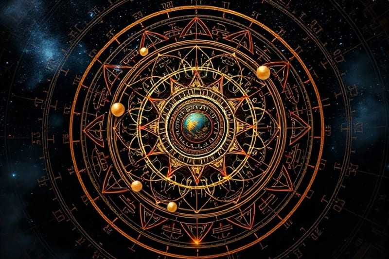 A stylized, intricate clockwork mechanism with gears representing planetary movements and subtle, glowing threads symbolizing minor astrological aspects, rendered in a detailed steampunk illustration style.