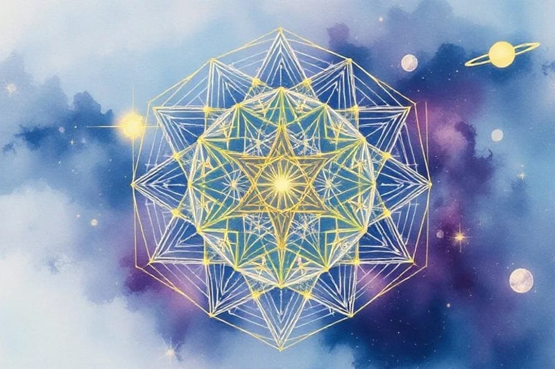 An abstract, ethereal representation of interconnected celestial bodies and energy flows, rendered in a soft, glowing watercolor style with subtle geometric patterns.