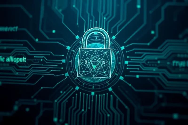 Abstract vector illustration of cryptographic algorithms forming a digital lock