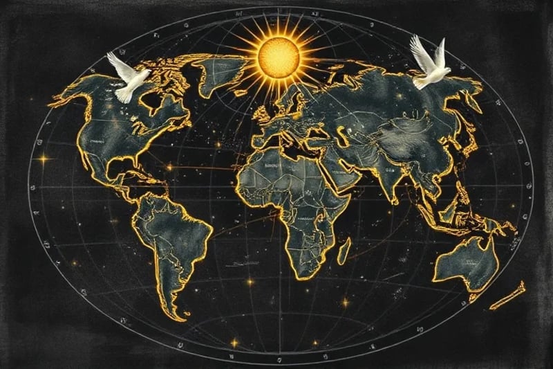 Detailed antique celestial atlas showing constellations and their symbolic connections to global events