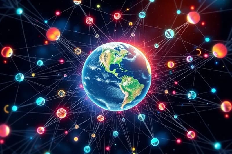 Abstract 3D render of a luminous cosmic web influencing a glowing Earth, symbolizing global destiny
