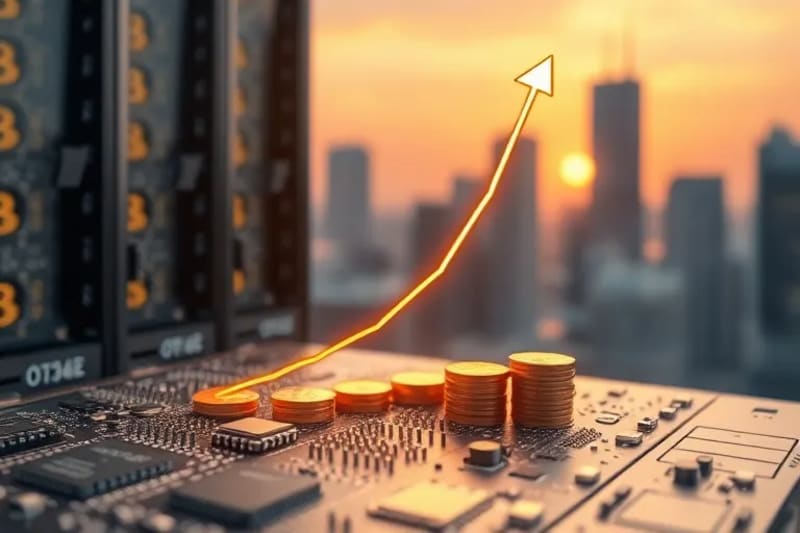 Gráfico de crecimiento digital emergiendo de monedas y un servidor, con un fondo urbano al amanecer.