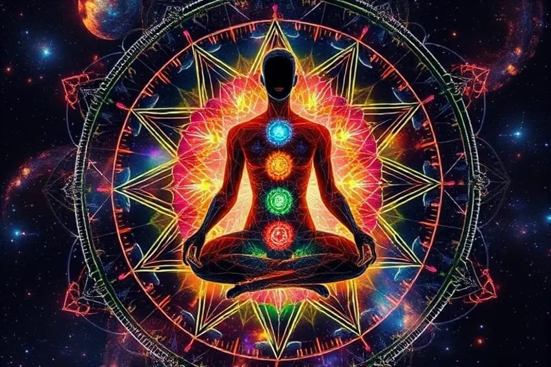 Ilustración de los siete chakras con alimentos asociados a cada uno