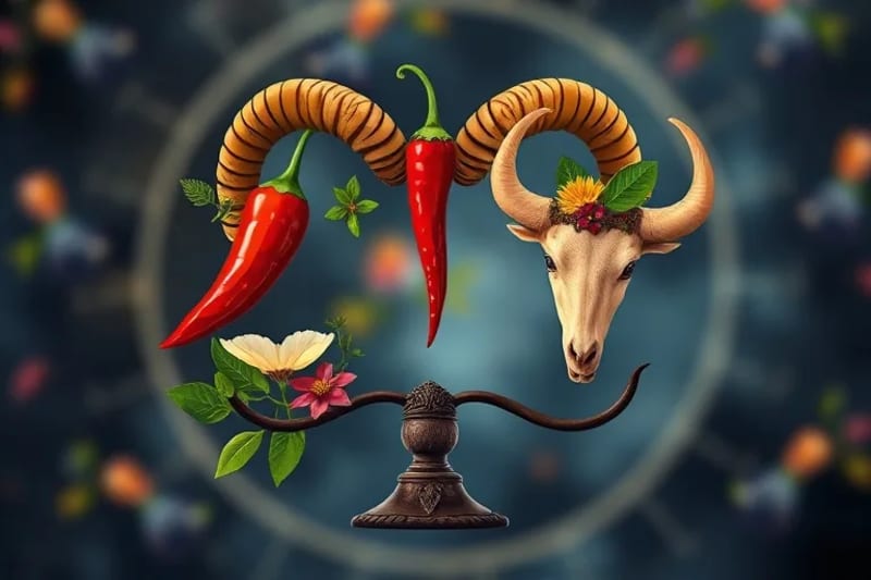 Composición artística de elementos culinarios y símbolos astrológicos