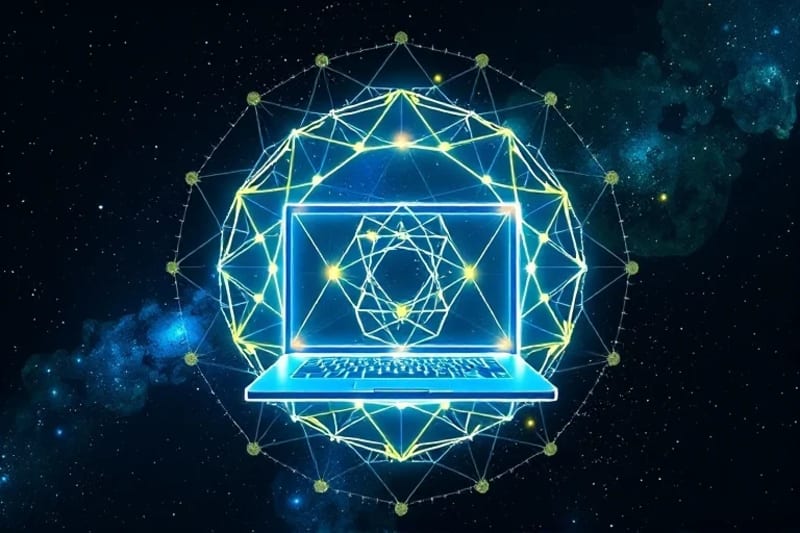 Abstract digital art illustrating the flow of life force energy (Qi) through interconnected glowing lines and geometric shapes, subtly forming a laptop and suitcase, symbolizing dynamic balance for nomads.