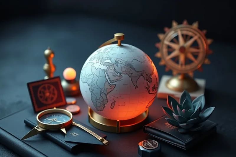 3D render of a miniature Bagua map overlaid on a globe, surrounded by symbolic objects like a compass, passport, and succulent, representing global reach and structured harmony for digital nomads.