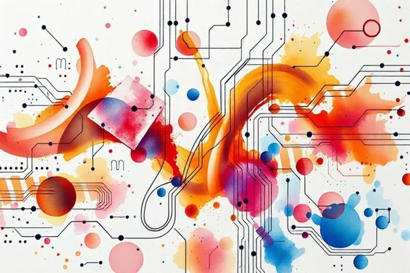 Abstract legal and artistic elements blending in watercolor
