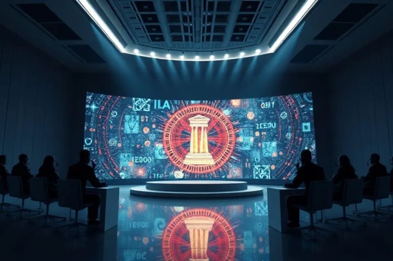 Futuristic courtroom debating AI art ownership