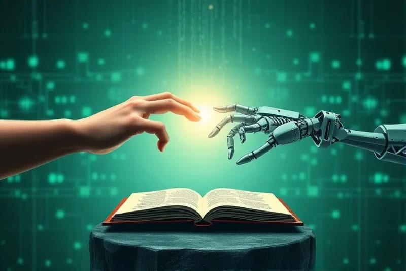 Mano humana y robótica entrelazadas con flujo de código genético, fondo de red digital.