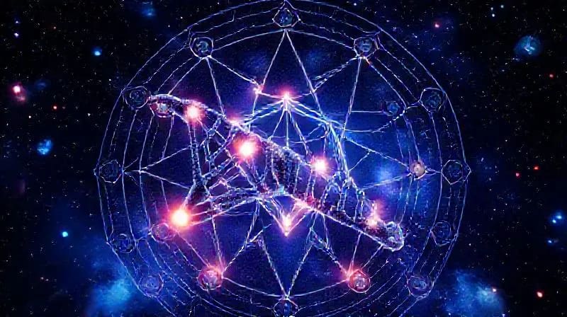 Ilustración de hebras de ADN con marcadores epigenéticos (metilación) y pequeñas esferas planetarias flotando alrededor, simbolizando la influencia cósmica.