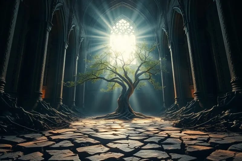 Raíces de árbol luminosas entrelazadas con circuitos electrónicos, emergiendo de tierra agrietada, luz etérea.