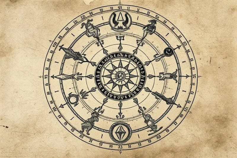 A detailed digital painting depicting a stylized ancient map or tablet, showing astronomical symbols intertwined with terrestrial landmarks or mythical figures, in earthy tones with intricate details.