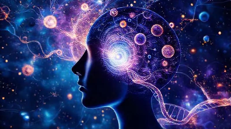Una representación abstracta de ondas de energía cósmica interactuando con una silueta de cerebro humano y una doble hélice de ADN, con colores vibrantes.