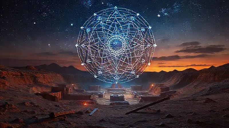 A 3D render of an archaeological dig site at twilight, with holographic projections of ancient constellations overlaying the excavated structures, emphasizing scientific discovery and theoretical celestial understanding.
