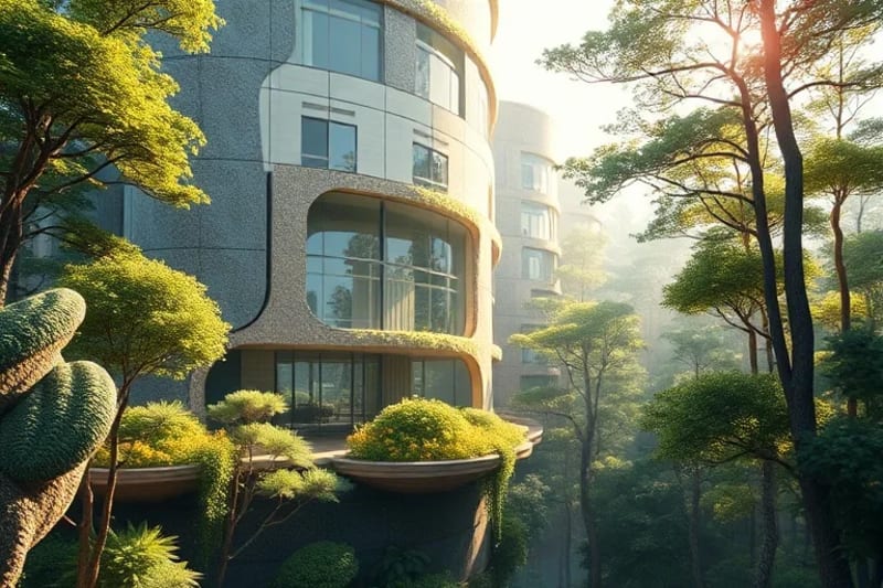 Ethereal watercolor painting of a building integrated with a lush forest, featuring organic architecture and natural light filtering through trees, symbolizing biophilic design.