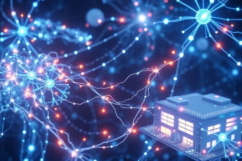 Abstract 3D render of neural pathways interwoven with architectural blueprints, glowing with bioluminescent light, symbolizing the connection between brain function and designed environments.