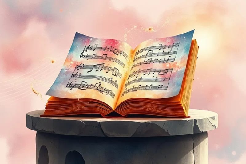 Sinfonía cósmica abstracta con notas musicales y luz celestial