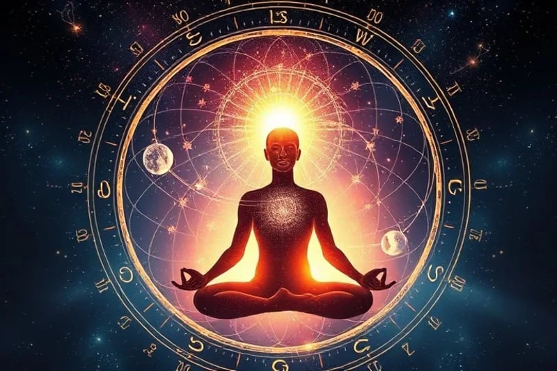 Silueta humana meditando con líneas de energía cósmica y símbolos planetarios abstractos.