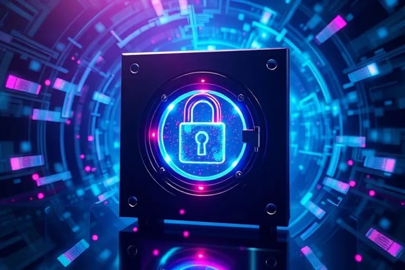 Abstract digital painting of a secure data vault, glowing with ethereal light, symbolizing the protection of private mental data and the concept of mental privacy.